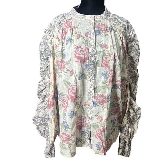 NWT FREE PEOPLE ANTHROPOLOGIE MARAYA PRINTED IVORY‎ ANTIQUE COMBO TOP SIZE M - Picture 2 of 8